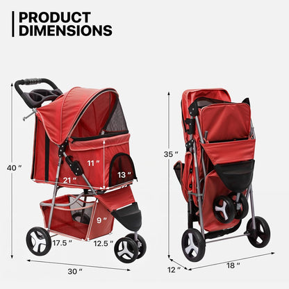 MoNiBloom 3 Wheels Pet Stroller, Foldable Puppy Cage Jogger Stroller with Weather Cover for