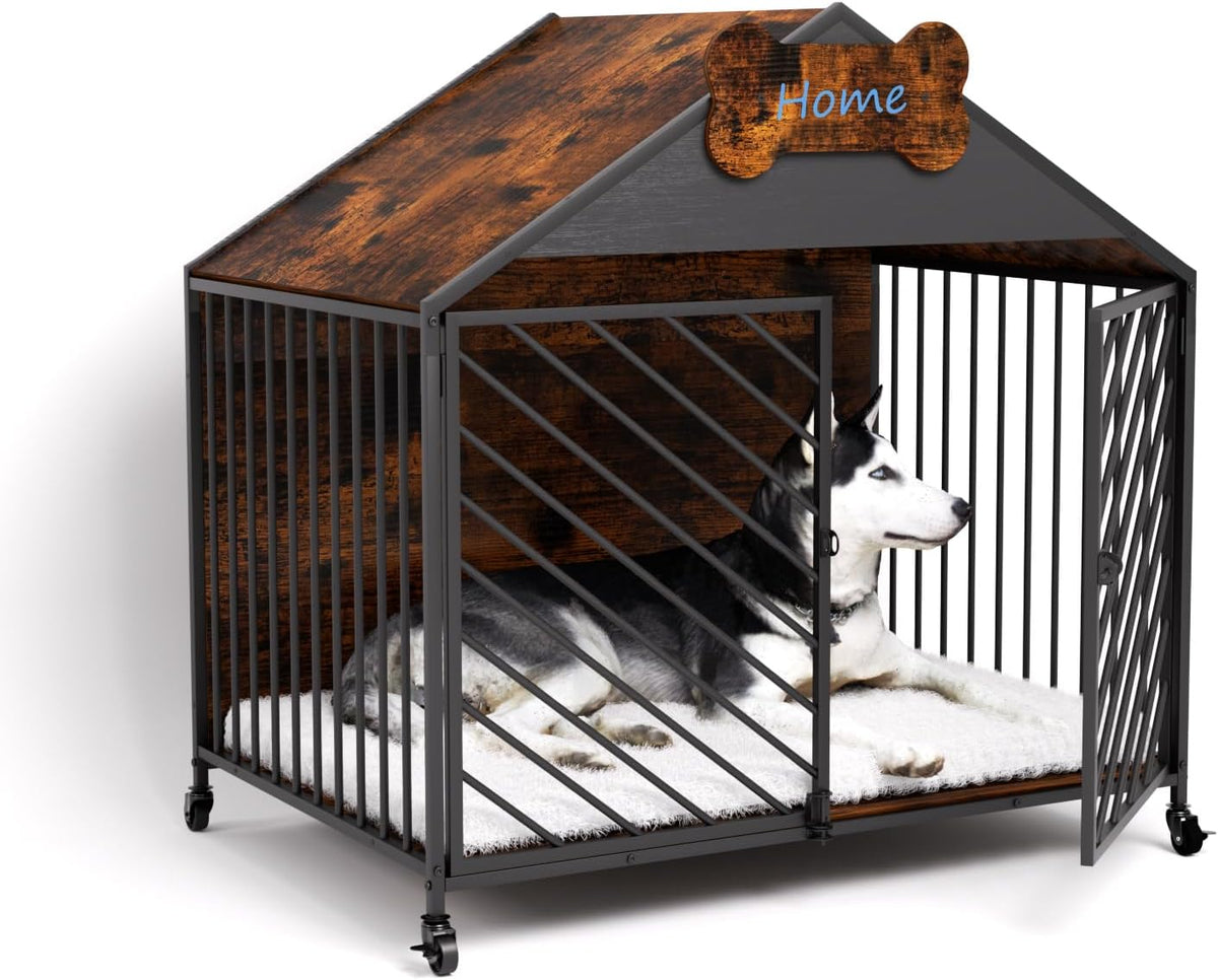 Furniture-Style Dog Crate with Gable Roof Design, Double Locking Doors Indoor Kennel for Small &