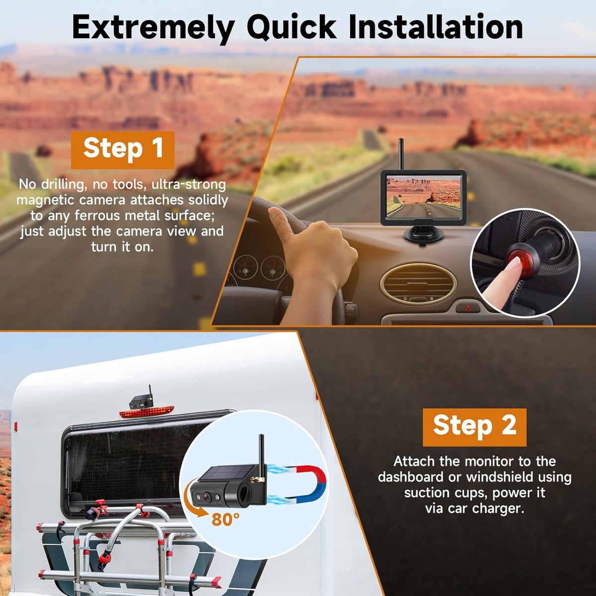 Magnetic Solar Wireless Backup Camera with 5??HD Monitor No Wiring Rechargeable Battery IP68 IR