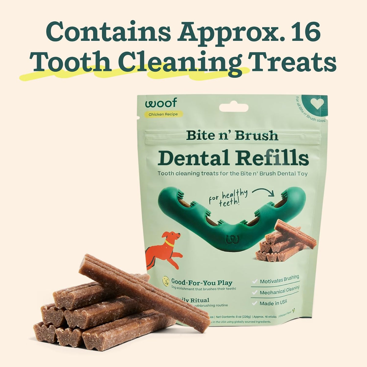 WOOF - Bite n' Brush Refills for The Dog Toothbrush Toy - Scrub Plaque and Tartar from Your Dog's