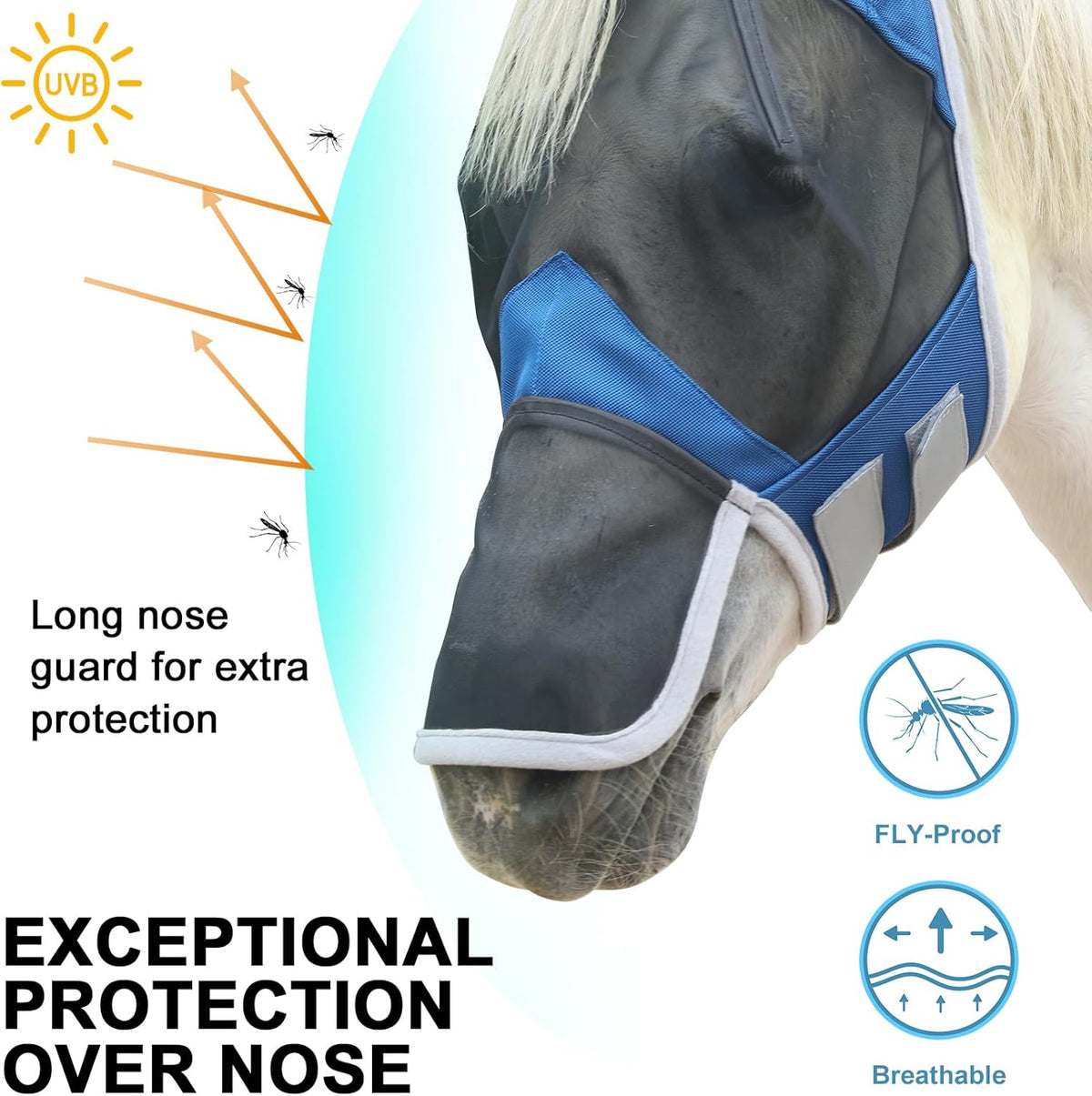 Horse Fly Mask with Ears & Long Nose Cover | Forelock Opening for Tangle-Free Mane Care | UV