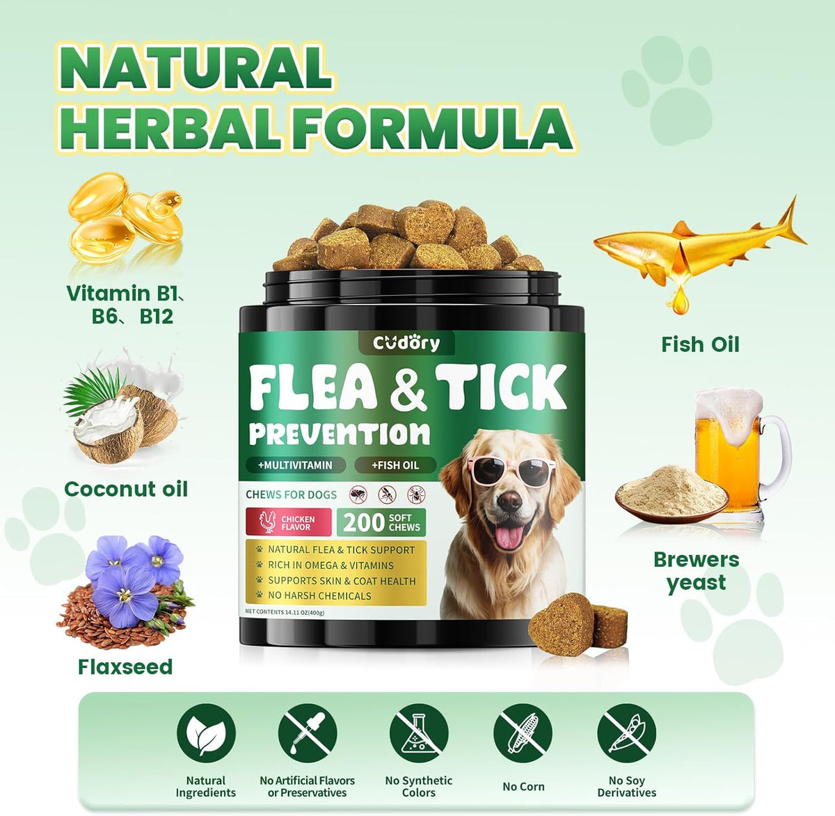Flea and Tick Prevention for Dogs, 200 Natural Soft Chewables Flea and Tick Support with Vitamins &