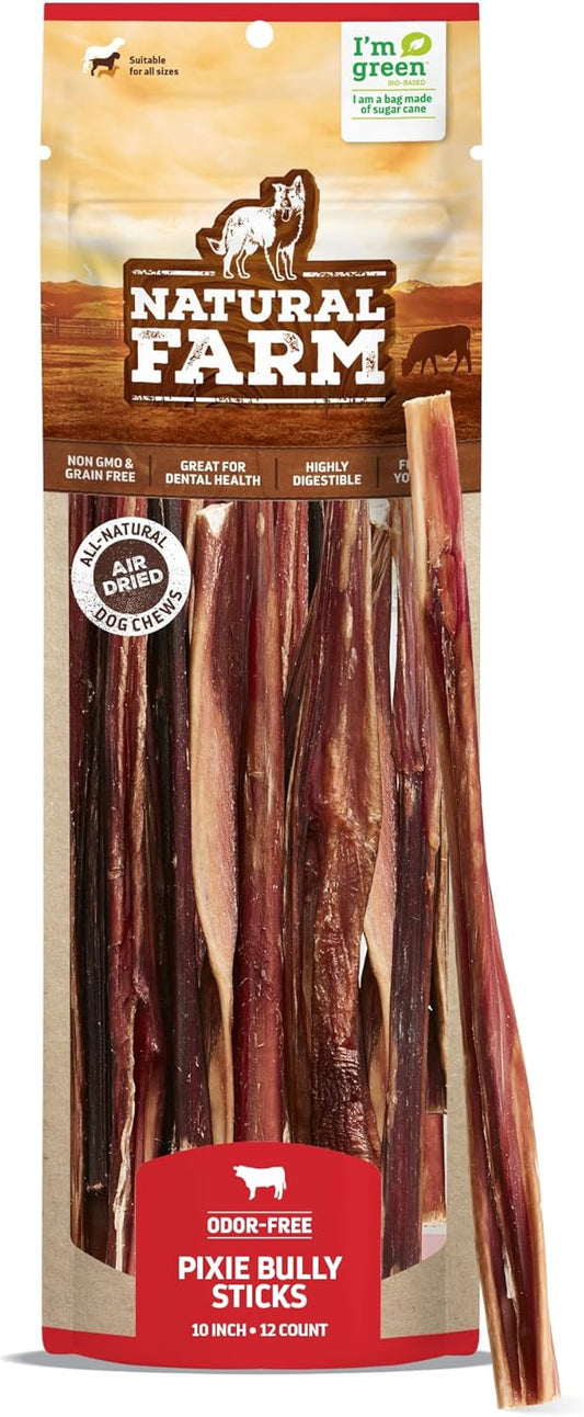 Natural Farm Pet Pizzle Bully Sticks (10 Inch, 12 Pack), Pixie Chew, Extra-Thin Pet Treats
