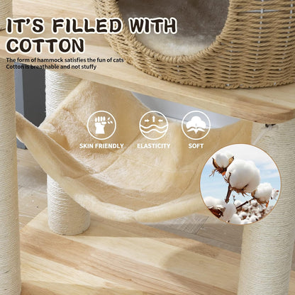 59" Big Modern Cat Tree Tower, Cat Tower Sisal-Covered Scratching Posts for Indoor Cats, Oak Wood