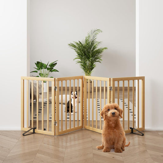 Natural 37-74" Wide Dog Gate for Stair, Bamboo Dog Gates for The House Doorways, Freestanding Pet