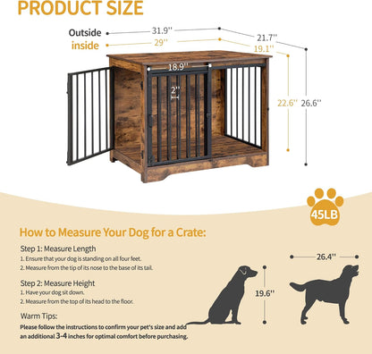 31.9" Dog Crate Furniture with Barn Door, Heavy Duty Dog Kennel Indoor with 2 Doors, Wooden Pet