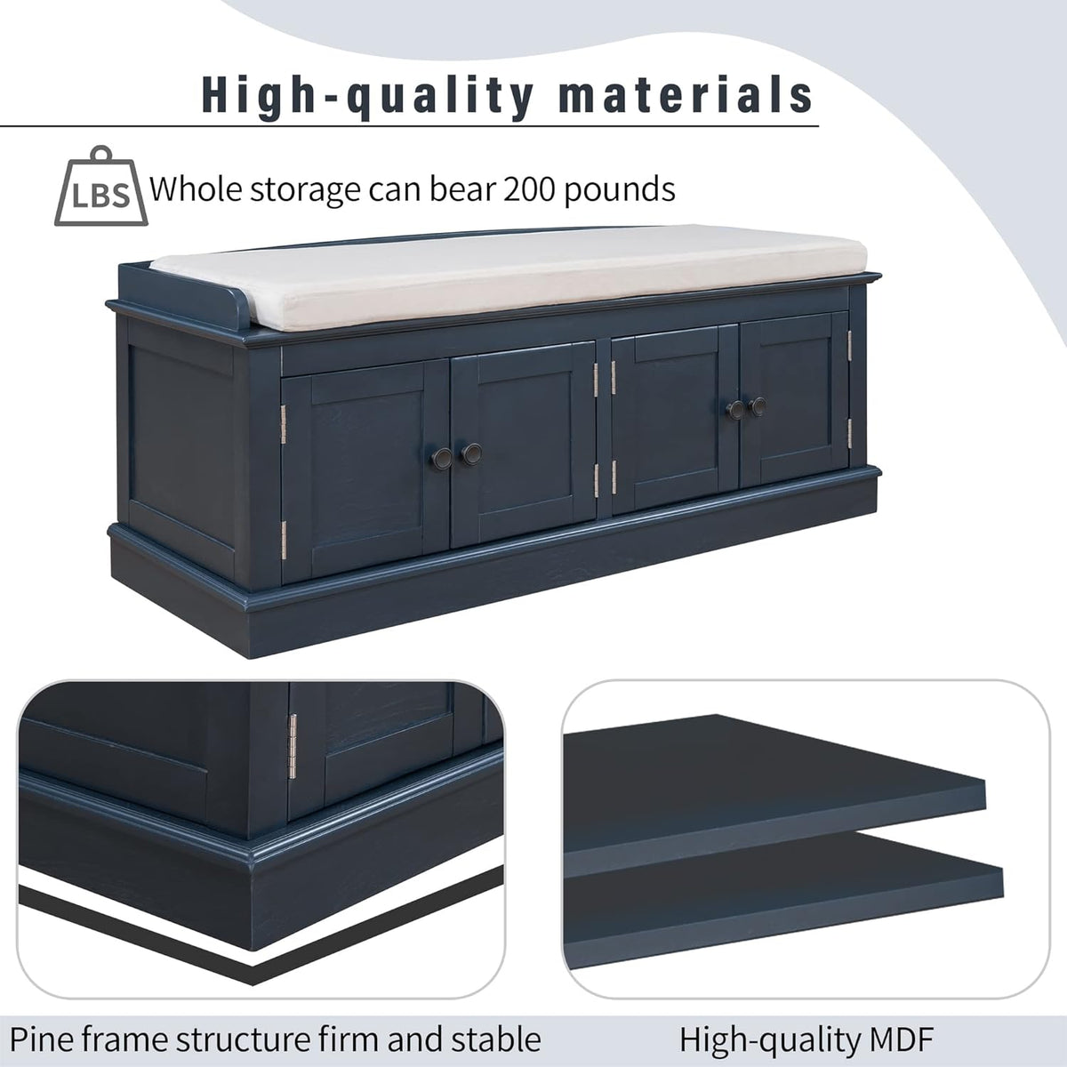 Storage Bench with 4 Doors and Adjustable Shelves, Shoe Bench with Removable Cushion for Living