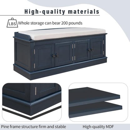 Storage Bench with 4 Doors and Adjustable Shelves, Shoe Bench with Removable Cushion for Living