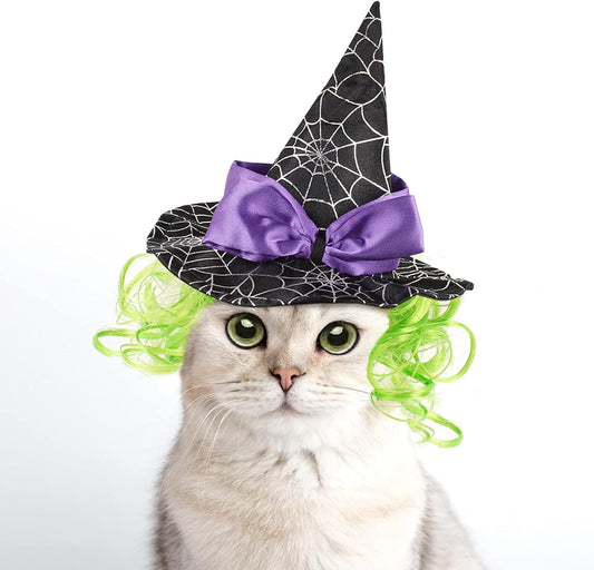 Enjoying Pet Halloween Costumes for Cats Small Dogs, Cat Witch Hat with Funny Wig, Adjustable