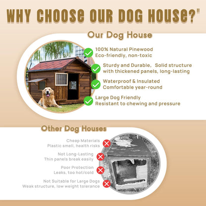 Extra Large Dog House Outdoor Made of Solid Pine Wood, Warm Doghouse, Dog House with Elevated Floor