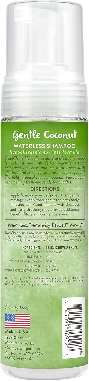 TropiClean Hypoallergenic Waterless Dog Shampoo | Dry Shampoo for Allergies & Sensitive Skin | Safe
