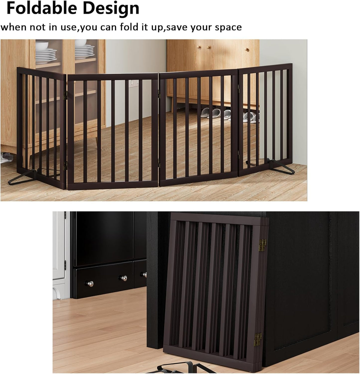 Wooden Dog Gate Freestanding Foldable 4 Panel Pet Gates Extra Wide Dog Gates for Indoor Doorways
