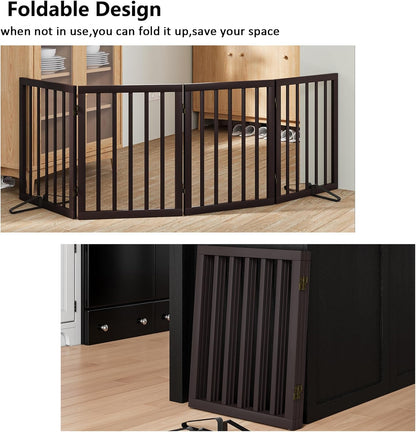 Wooden Dog Gate Freestanding Foldable 4 Panel Pet Gates Extra Wide Dog Gates for Indoor Doorways