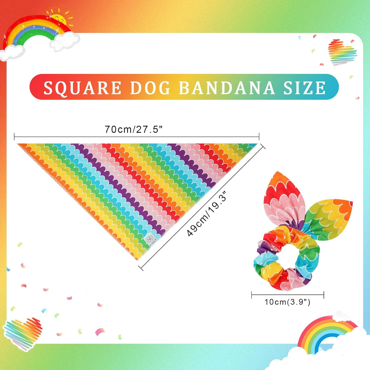 E-Clover Rainbow Dog Bandanas & Matching Scrunchie Set Girl Cute Pride Dog Scarf Bibs Pet Bandana