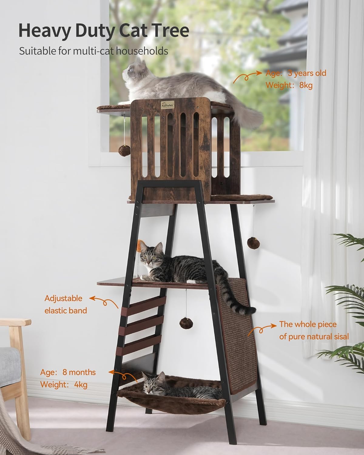 FourFurPets Modern Cat Tree, 58-Inch Cat Tower for Large Cats, Maine Coon Cat Tree with Scratching