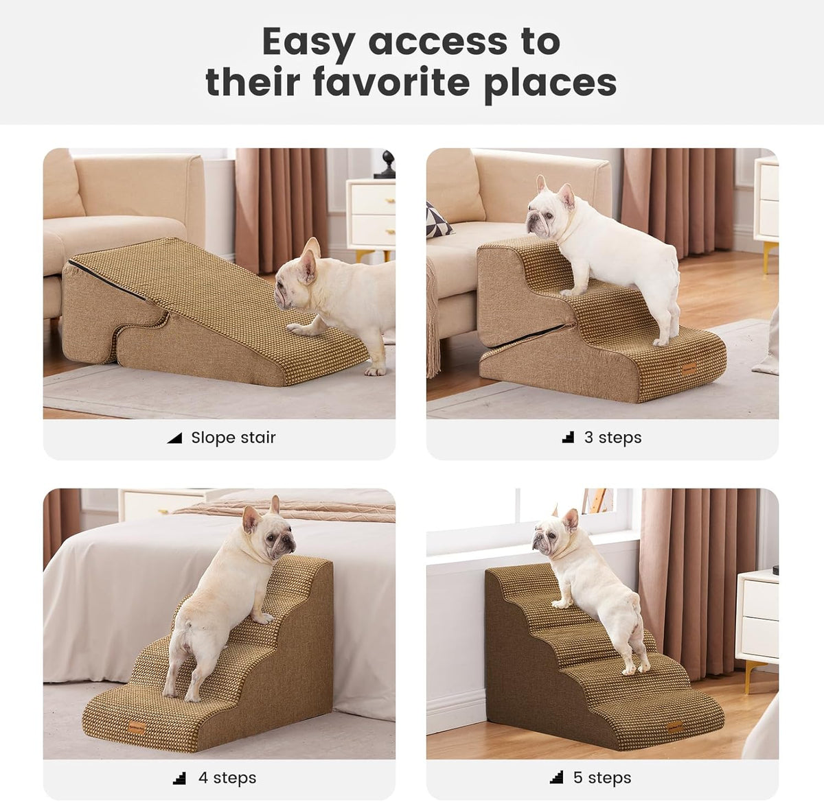 Gardner Pet Dog Stairs for Small Dogs 19.7" H, 4-Step Brown Curved Pet Stairs, Dog Steps for High
