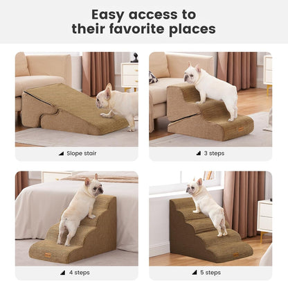 Gardner Pet Dog Stairs for Small Dogs 19.7" H, 4-Step Brown Curved Pet Stairs, Dog Steps for High