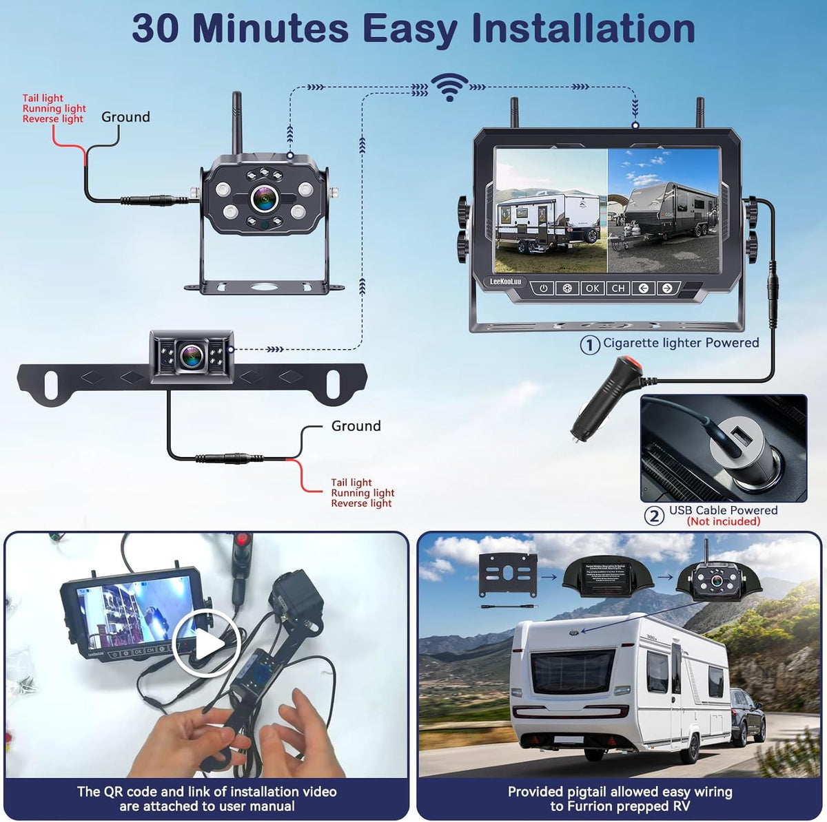 Dual RV Backup Cameras Wireless - Ease Install Plug-Play Recording HD 1080P 7'' Touch Key Monitor