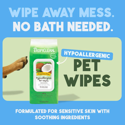 TropiClean Hypoallergenic Cleaning Pet Wipes, 100ct - Wipes for Dogs, Cats, Puppies & Kittens with