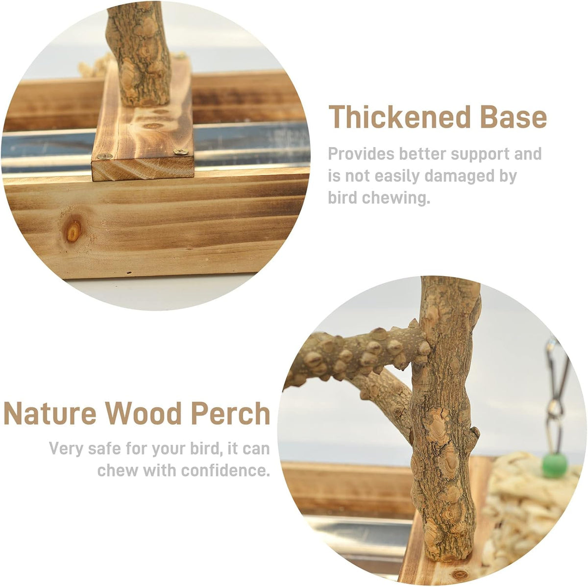 Natural Wood Bird Toys Playground, Bird Cage Accessories, Bird Perches, with Removable Tray and 2