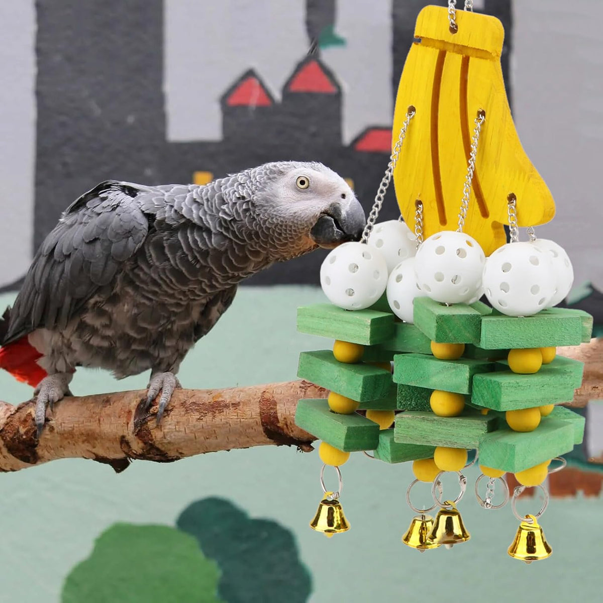 Hypeety Large Parrot Hanging Swing Toy Bells Chew Toy Colorful Hanging Wood Block Parrot Macaw