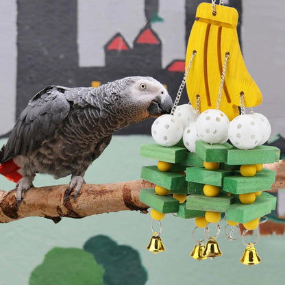Hypeety Large Parrot Hanging Swing Toy Bells Chew Toy Colorful Hanging Wood Block Parrot Macaw