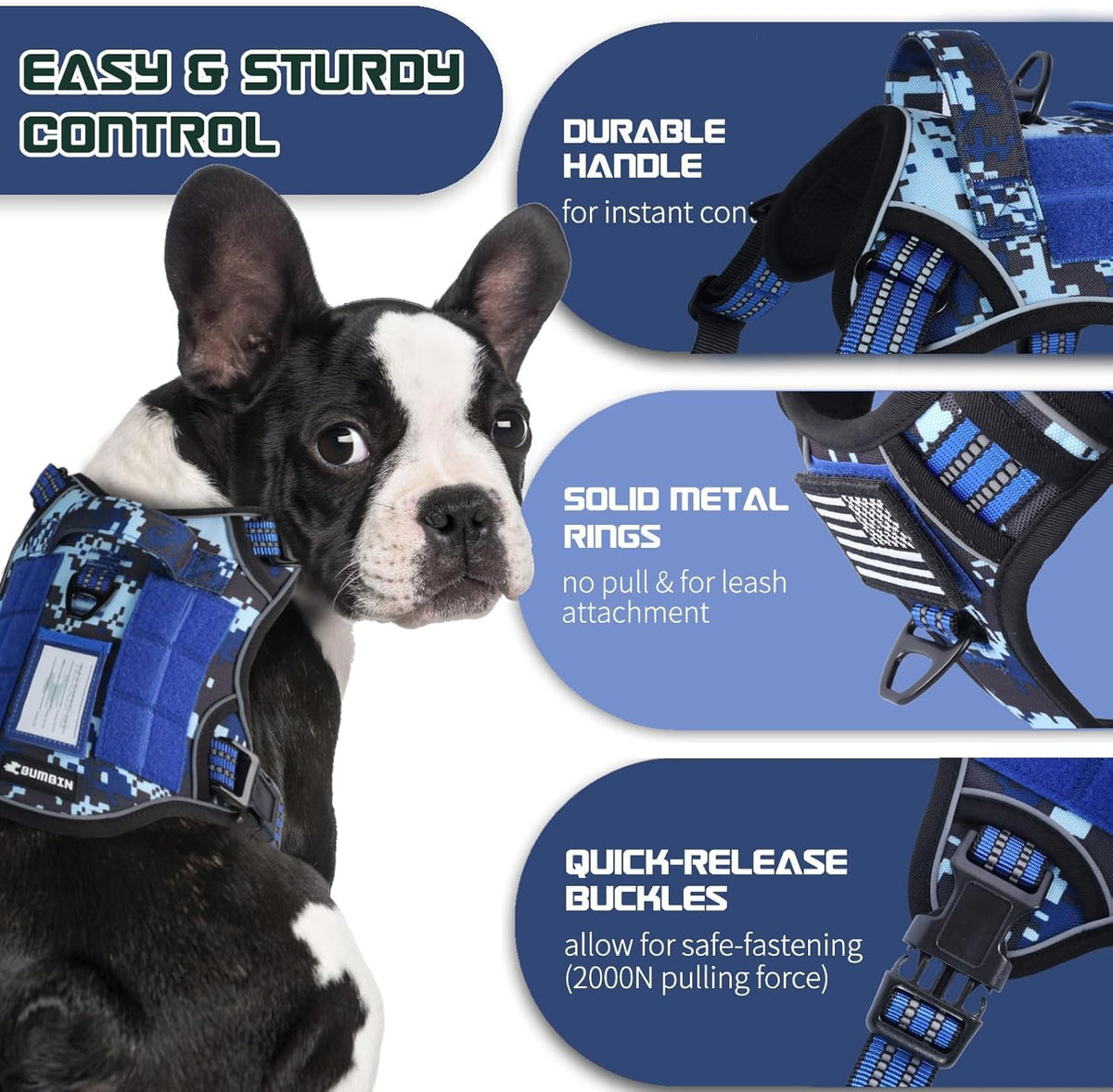 BUMBIN Tactical Dog Harness for Small Dogs No Pull, Famous TIK Tok No Pull Puppy Harness, Fit Smart