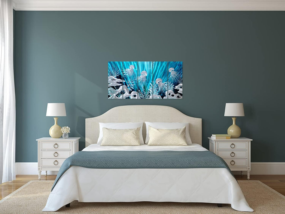 SYGALLERIER Jelly Fish Large Metal Wall Art Hand Grind Aluminum Artwork 3D Undersea World Coastal