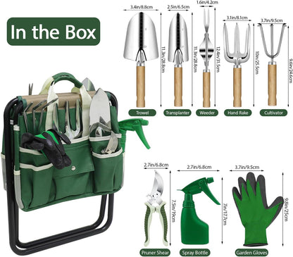 Garden Tool Set, 10 Piece Kit with Heavy Duty Folding Stool, Detachable Storage Tote Bag, Stainless