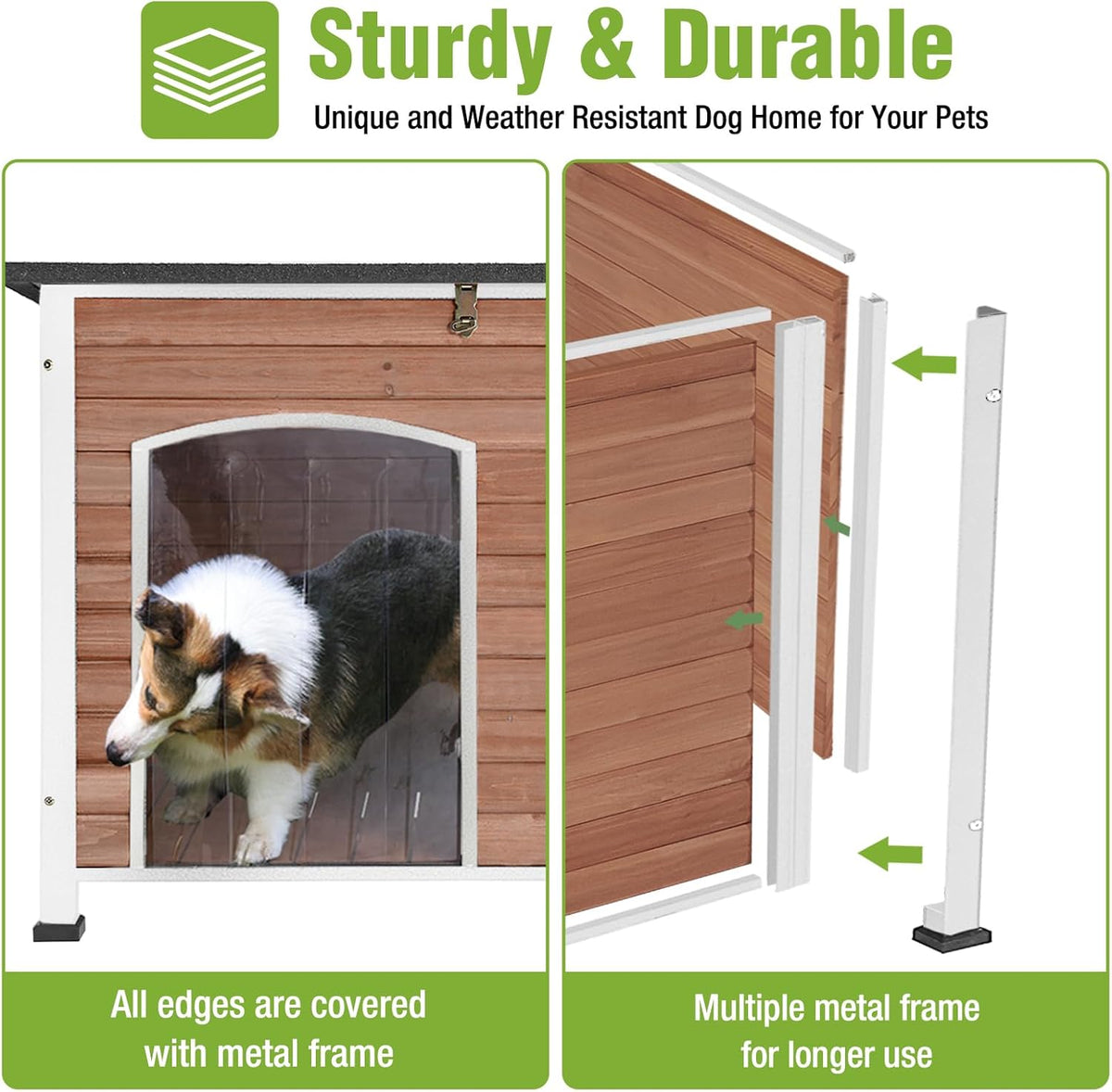 GUTINNEEN Dog House Outdoor Weatherproof with Anti-bite Metal Frame Large Indoor Wooden Dog Kennel