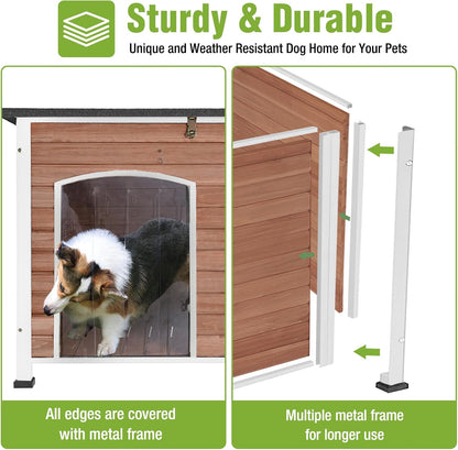 GUTINNEEN Dog House Outdoor Weatherproof with Anti-bite Metal Frame Large Indoor Wooden Dog Kennel