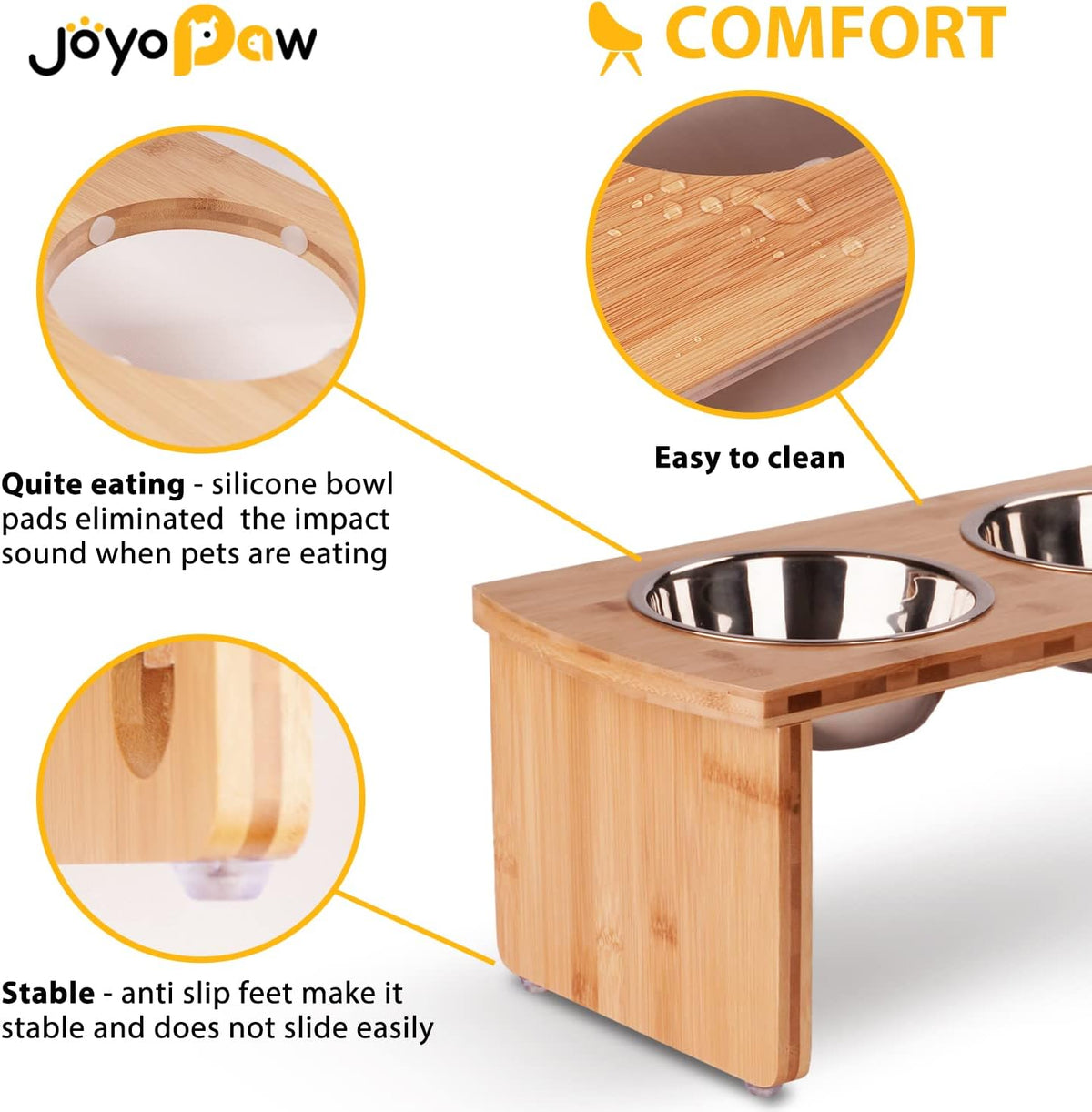 Elevated Dog Bowls, Bamboo Raised Dog Bowl for Medium Dogs, with 2 Stainless Steel Bowls (7''