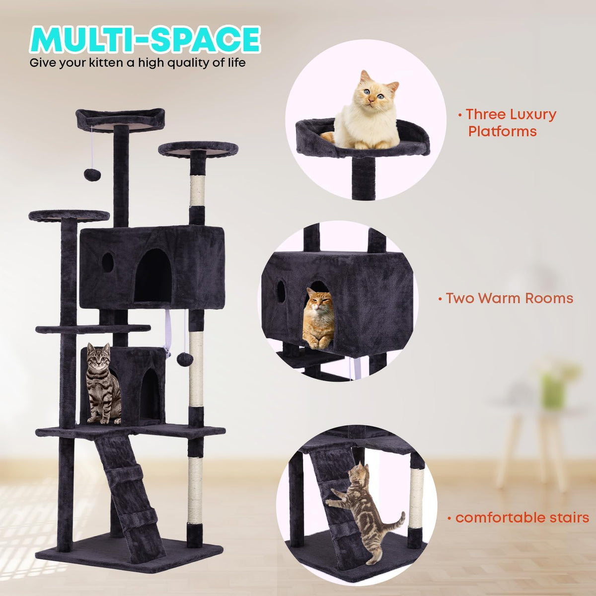 FDW Cat Tree 70in Cat Tower Multi-Level Durable Cat Scratching Post & Cozy Fun Cat Jumping Platform