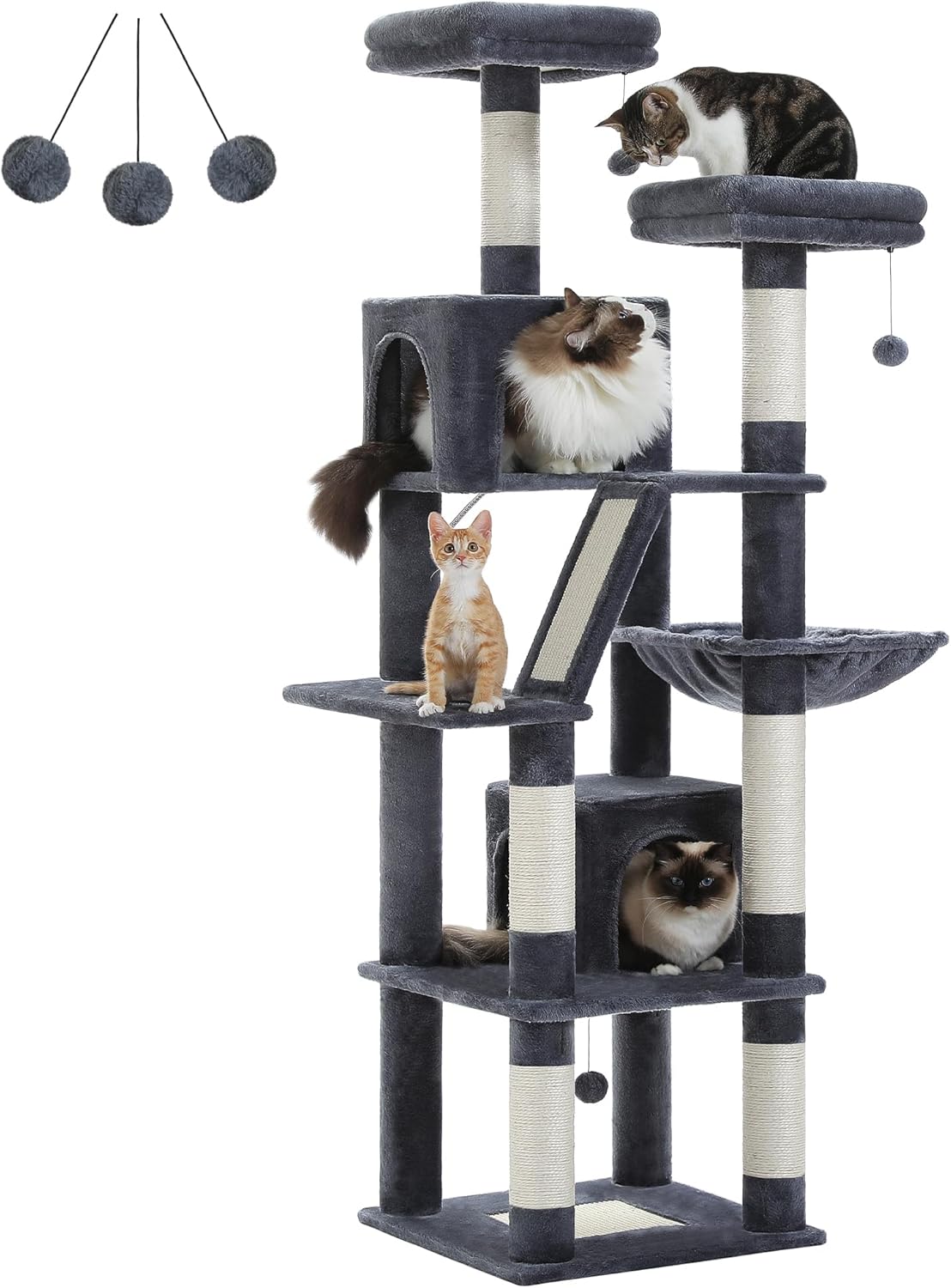 PAWZ Road 70 Inch Cat Tower, Tall Cat Tree with 2 Cozy Condos, 2 Plush Perch, Large Basket, 2