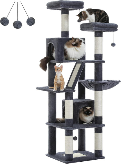 PAWZ Road 70 Inch Cat Tower, Tall Cat Tree with 2 Cozy Condos, 2 Plush Perch, Large Basket, 2