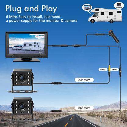 Dual RV Backup Camera Plug and Play, 7'' Backup Camera for Truck Trailer, No Delay, 1080P HD, 2