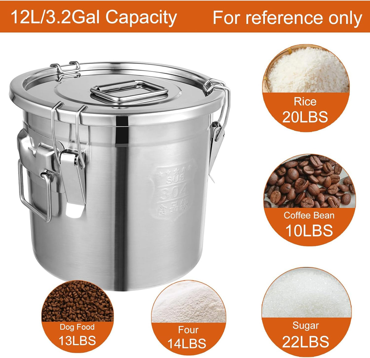 DYNAMI 304 Stainless Steel Airtight Canister for Kitchen, 3.2Gal/405oz Flour Container with Lid and