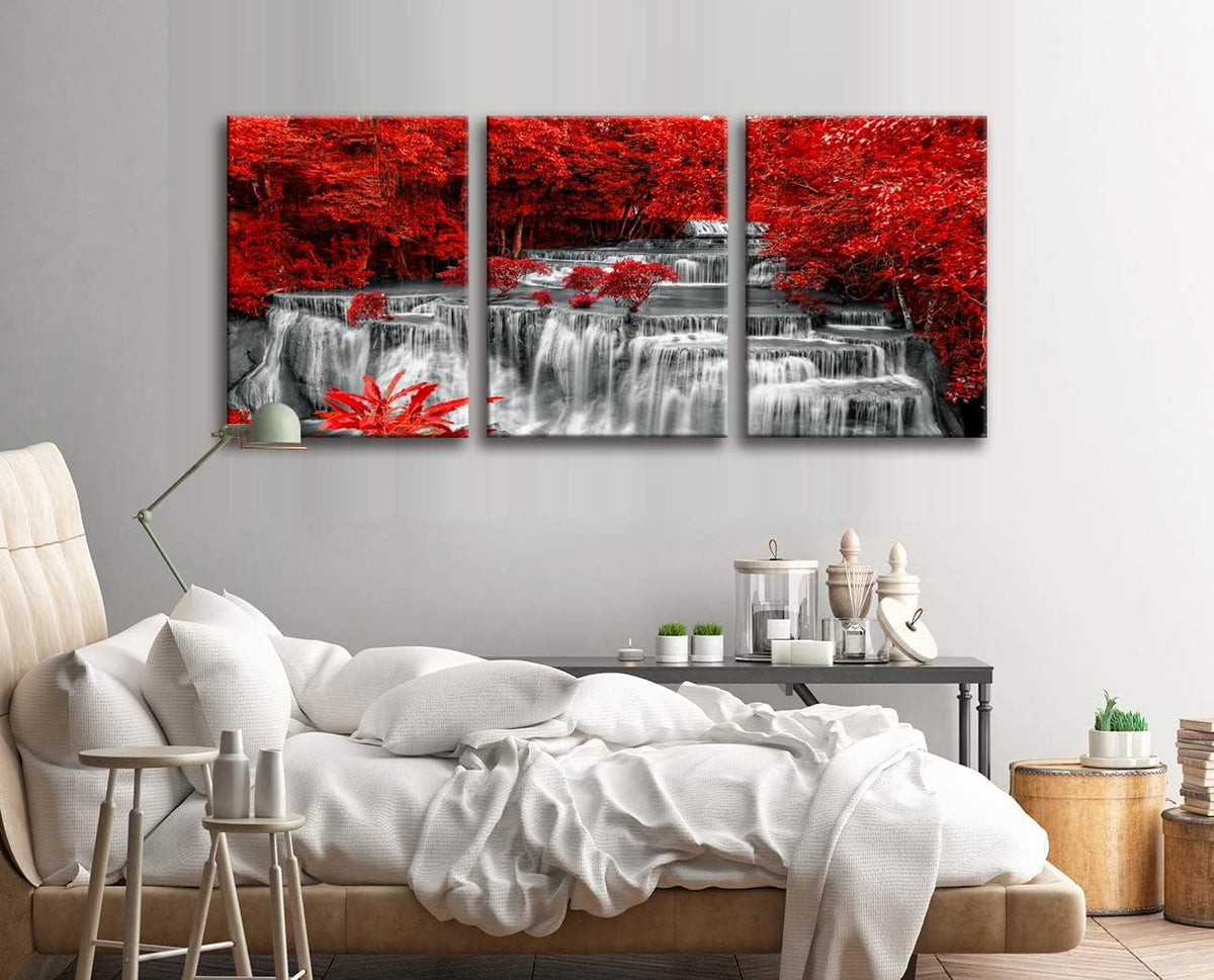 Yxbhhym Black White and Red Waterfall Canvas Wall Art Forest Paintings Waterfall Artwork for Wall