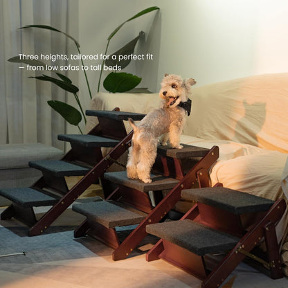 MEWANG Wooden Pet Stairs/Pet Steps - 3-in-1 Foldable Stairs & Ramp for Tall Beds and Cars