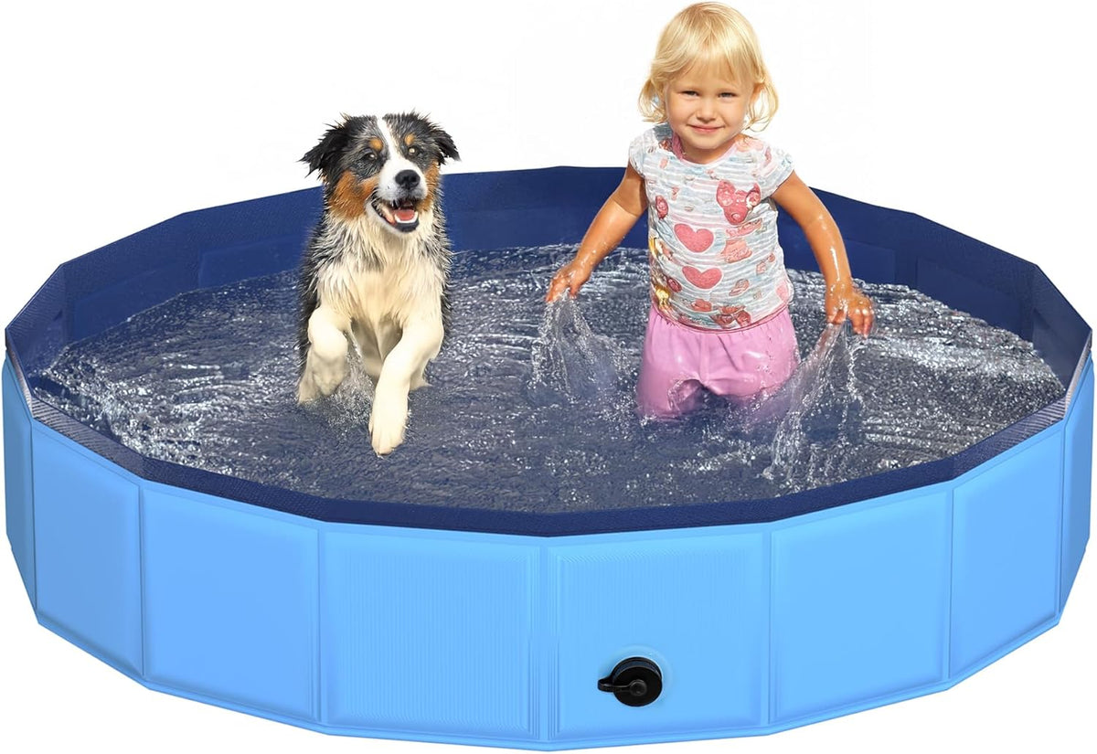 48" x 12" Foldable Dog Pool - Collapsible Hard Plastic Kiddie Pool for Dogs & Kids, Non-Slip Pet