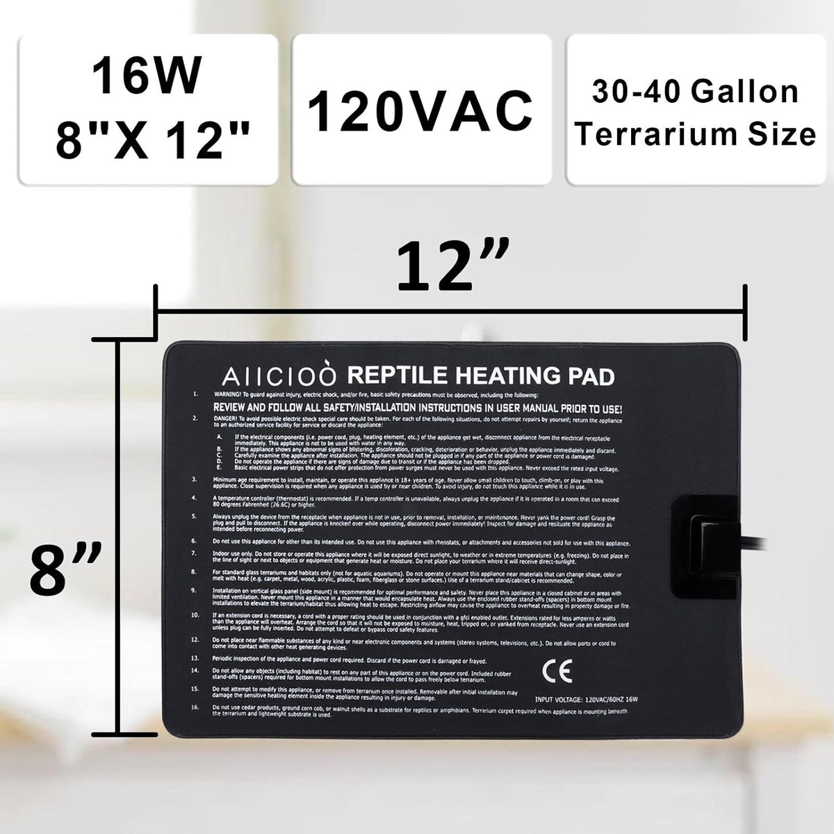 Aiicioo Reptile Heating Pad - Hermit Crab Heater Heat Mat for Reptiles Snake Lizard Terrarium 16