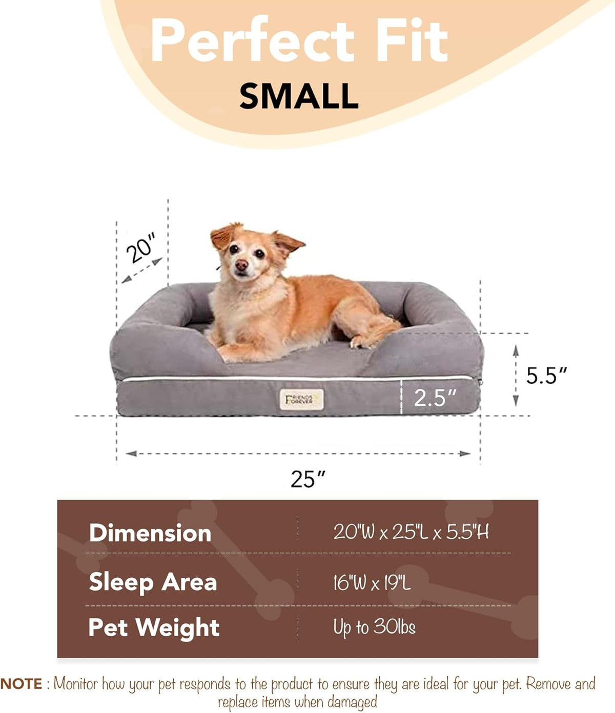 Chester Small Dog Bed - Orthopedic Memory Foam Mattress, Calming Couch, Wall Rim Pillow, Water