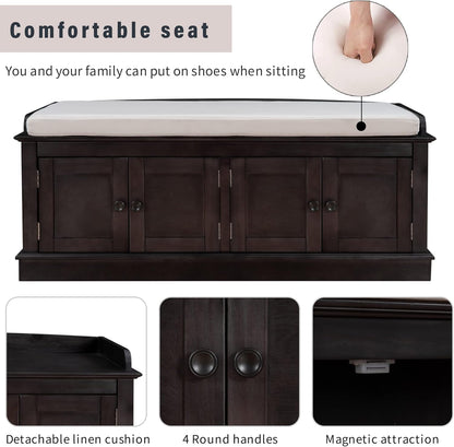 Shoe Storage Bench with 4 Doors and Adjustable Shelves, Shoe Bench with Removable Cushion for