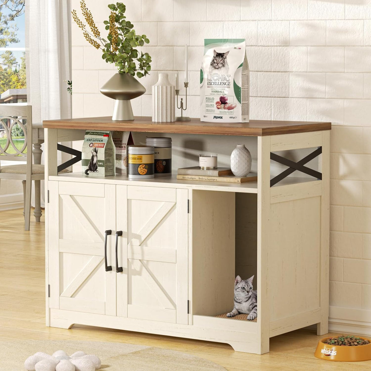 Cat Litter Box Enclosure, Hidden Litter Box Furniture with Scratch Pad, Farmhouse Indoor Cat House