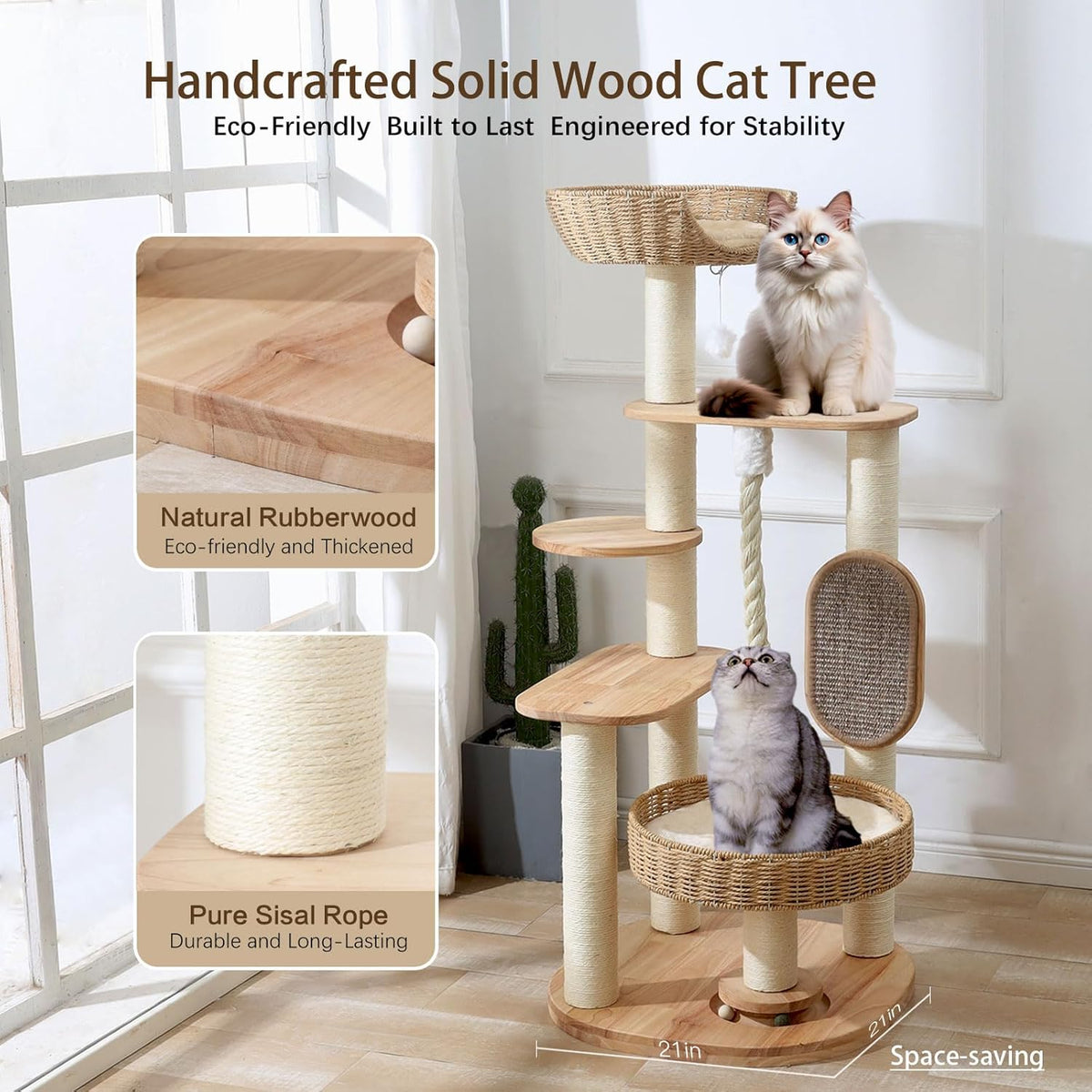 Wooden Cat Tree for Large Cat, 49.6-Inch Tall Cat Tower with Scratching Post for Indoor Cats