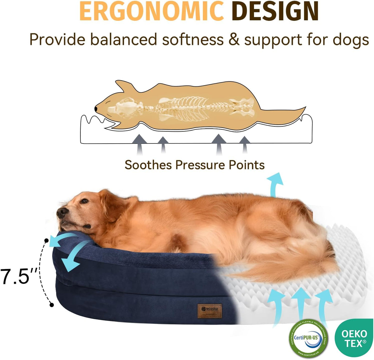 Orthopedic Waterproof Large Dog Bed: Memory Foam Washable Dog Bed with Bolsters - XL Removable