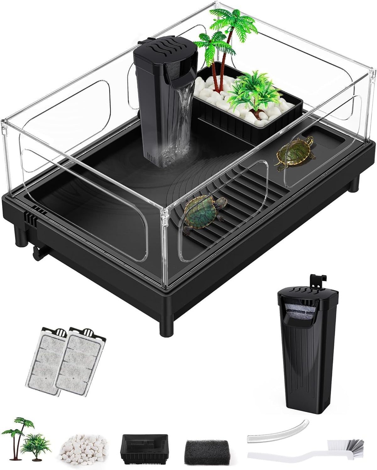 Small Turtle Tank, Aquarium, Acrylic Terrarium with Basking Platform, Bottom Drainage