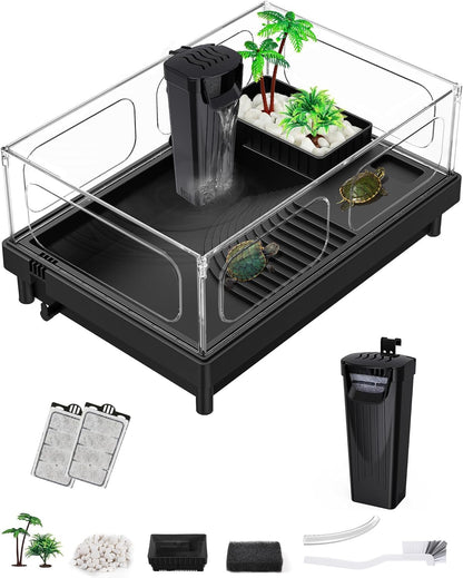 Small Turtle Tank, Aquarium, Acrylic Terrarium with Basking Platform, Bottom Drainage