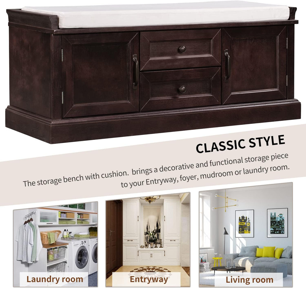 Storage Bench with 2 Drawers and 2 Cabinets, Pine Wood Pine Wood Shoe Bench with Removable Cushion