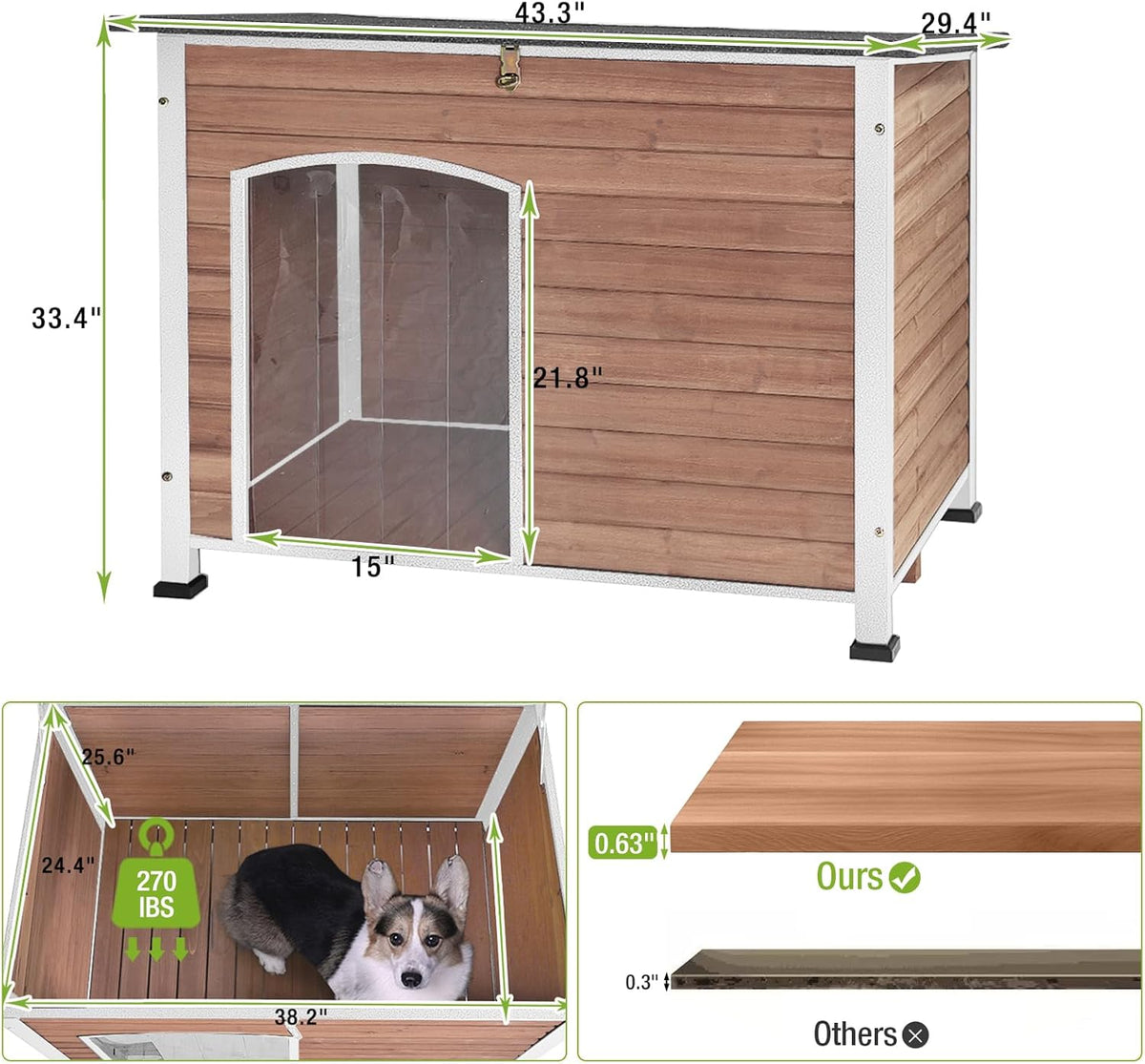 GUTINNEEN Dog House Outdoor Weatherproof with Anti-bite Metal Frame Large Indoor Wooden Dog Kennel